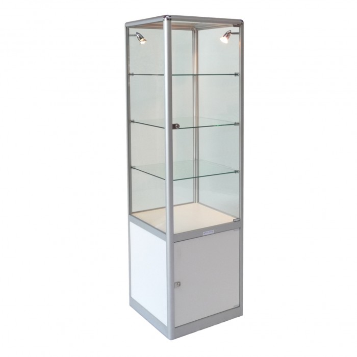 S3005 - Showcase Tower - Glass Top - White Base - 500sq x 1800h